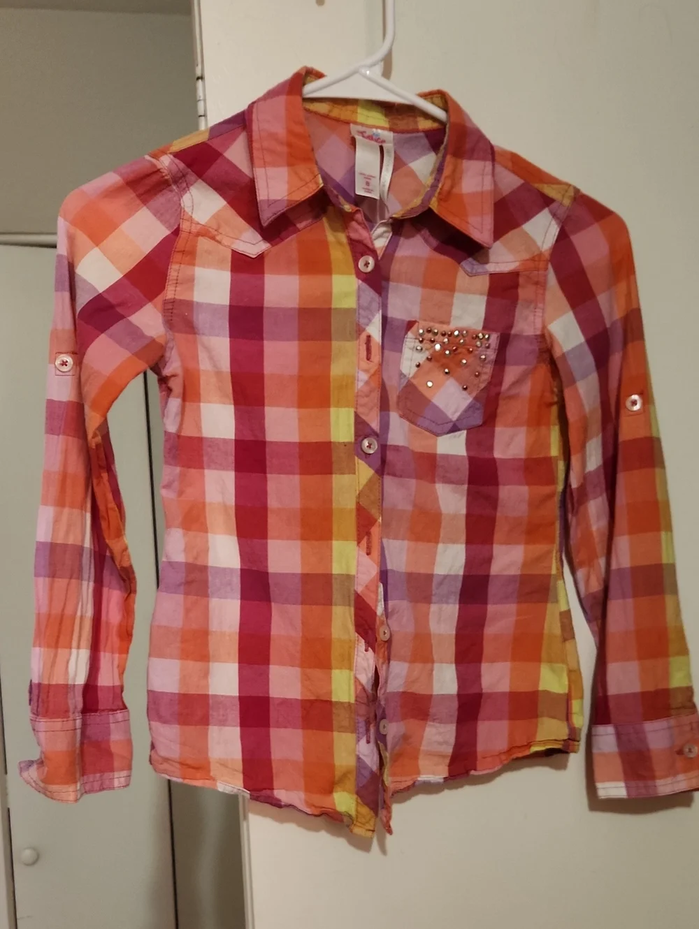 Justice Pink Orange Plaid Button-Down Shirt with Studded Pocket